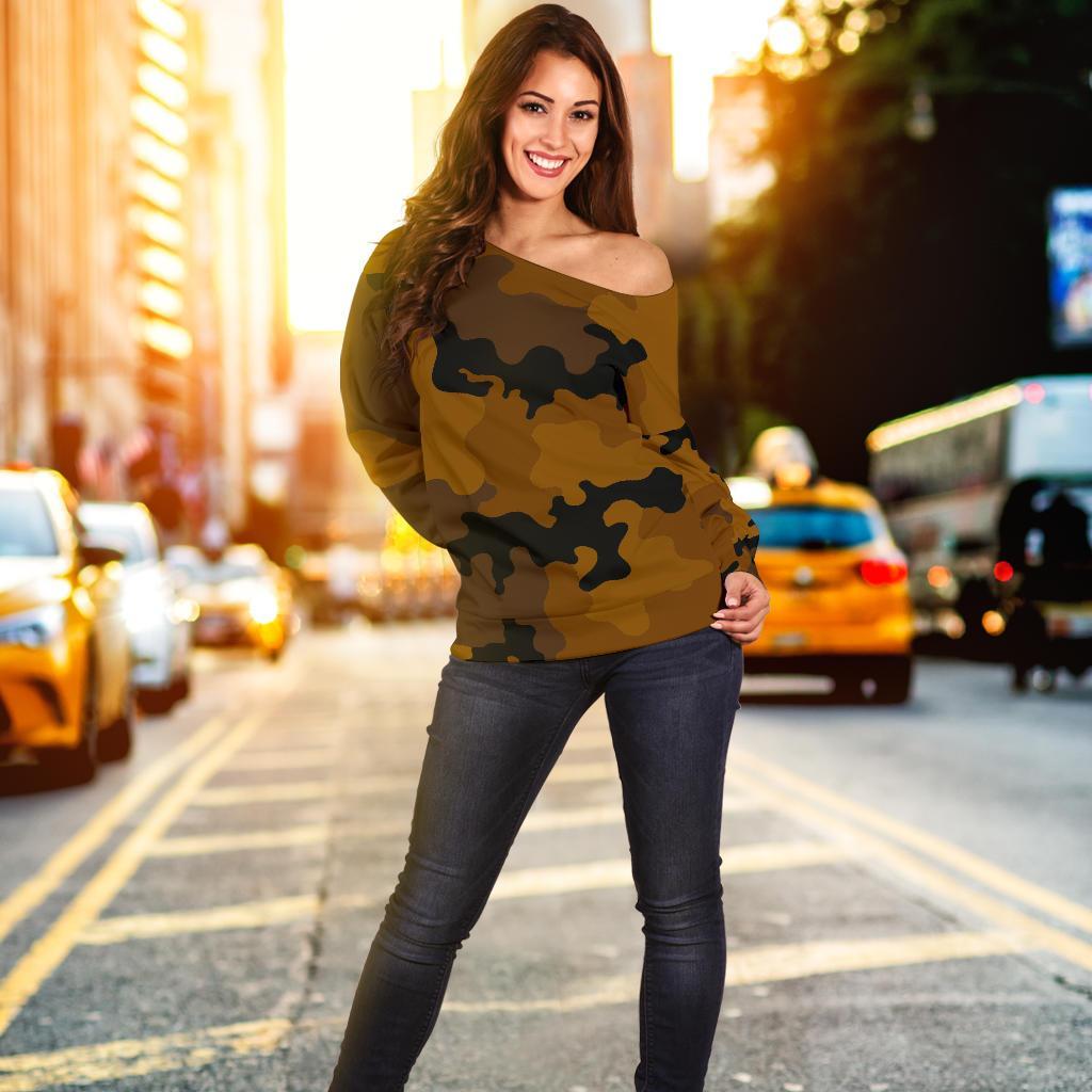 Dark Brown Camouflage Print Off Shoulder Sweatshirt GearFrost