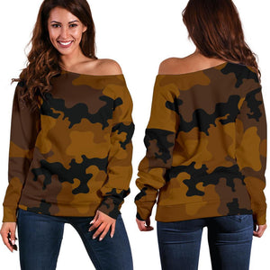 Dark Brown Camouflage Print Off Shoulder Sweatshirt GearFrost