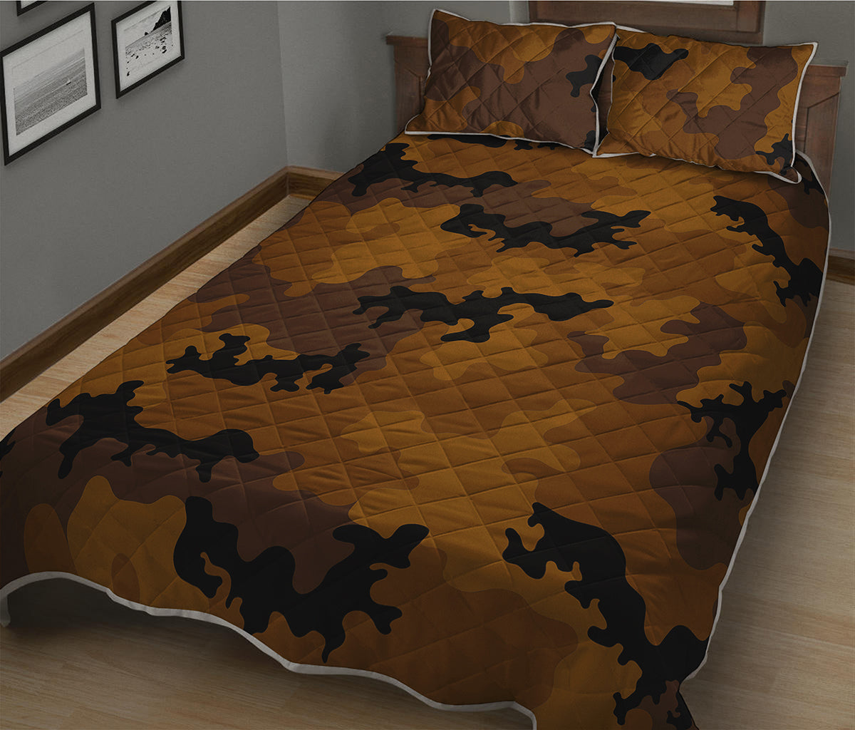 Dark Brown Camouflage Print Quilt Bed Set