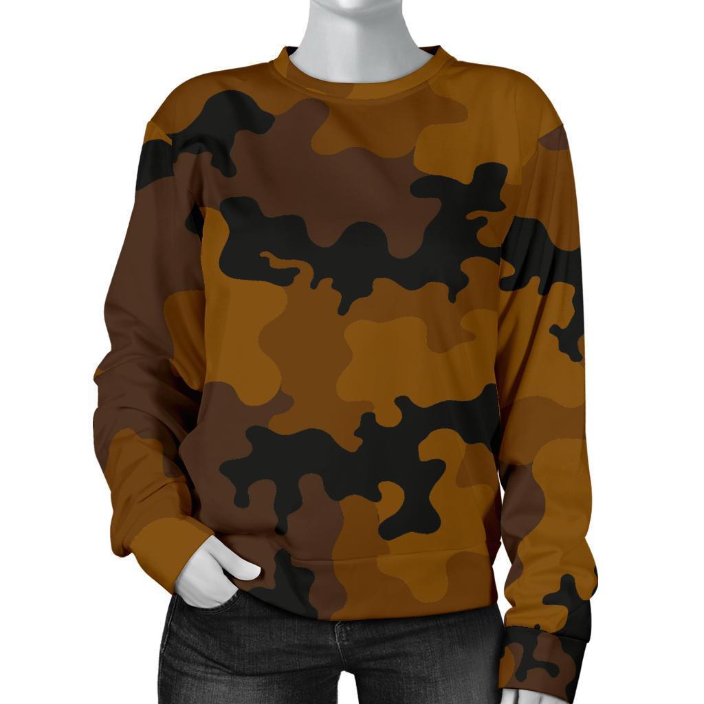 Dark Brown Camouflage Print Women's Crewneck Sweatshirt GearFrost