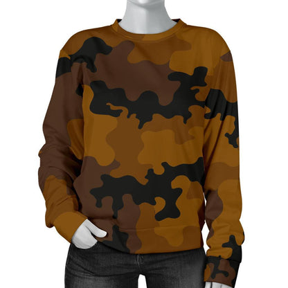 Dark Brown Camouflage Print Women's Crewneck Sweatshirt GearFrost