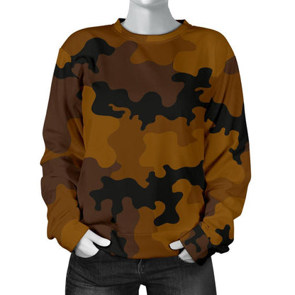 Dark Brown Camouflage Print Women's Crewneck Sweatshirt GearFrost
