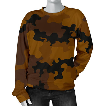 Dark Brown Camouflage Print Women's Crewneck Sweatshirt GearFrost