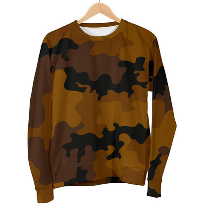 Dark Brown Camouflage Print Women's Crewneck Sweatshirt GearFrost