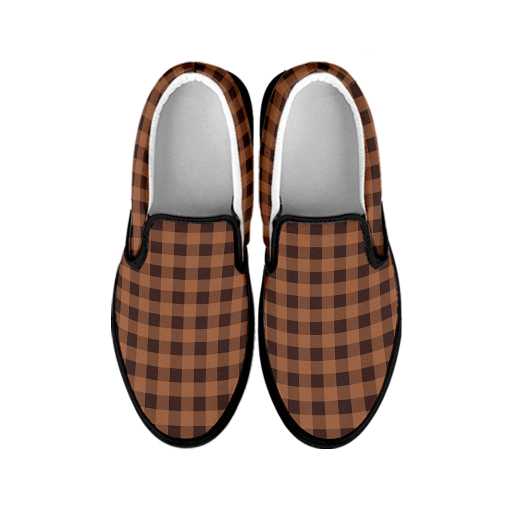 Dark Brown Check Pattern Print Black Slip On Shoes