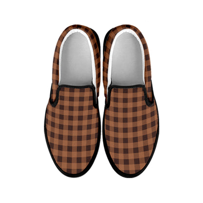 Dark Brown Check Pattern Print Black Slip On Shoes