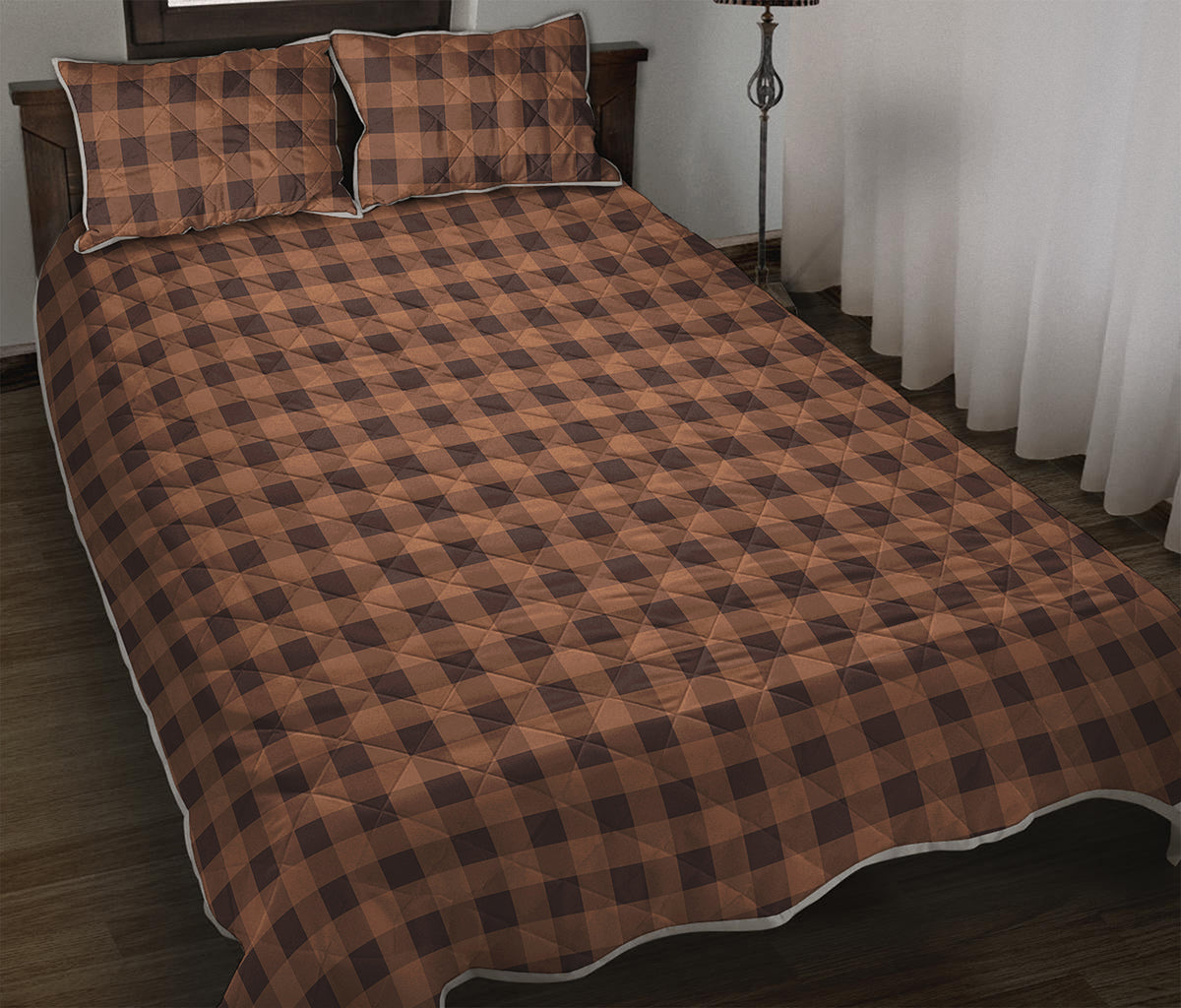 Dark Brown Check Pattern Print Quilt Bed Set