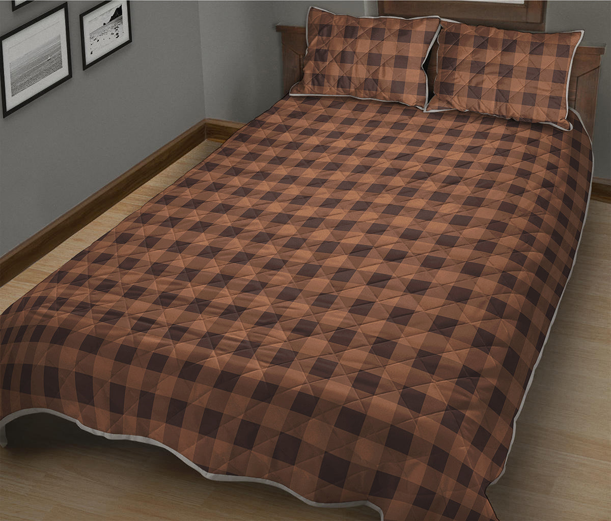 Dark Brown Check Pattern Print Quilt Bed Set
