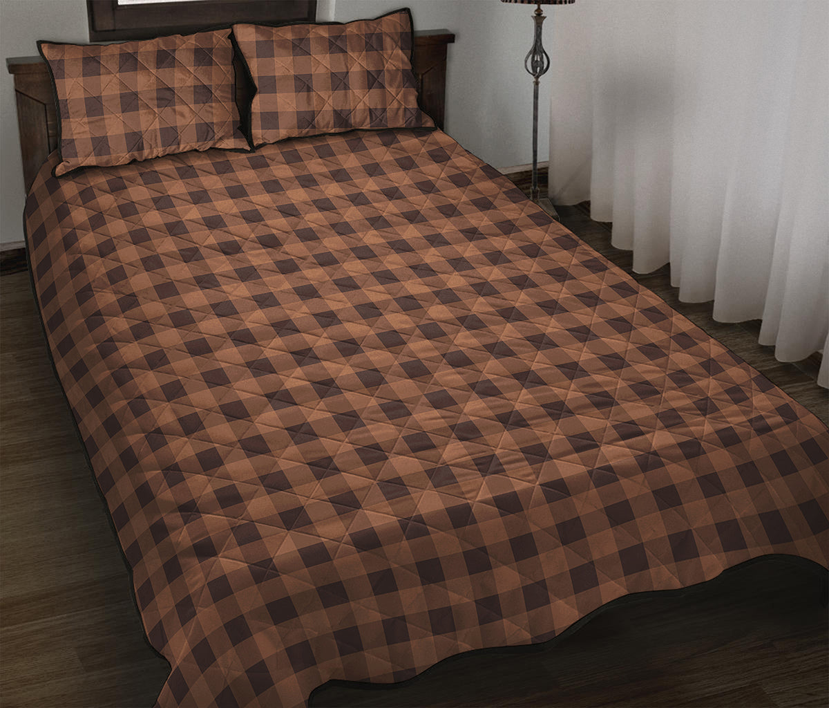 Dark Brown Check Pattern Print Quilt Bed Set