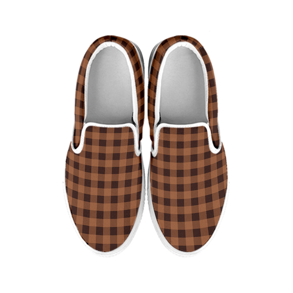 Dark Brown Check Pattern Print White Slip On Shoes