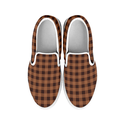 Dark Brown Check Pattern Print White Slip On Shoes