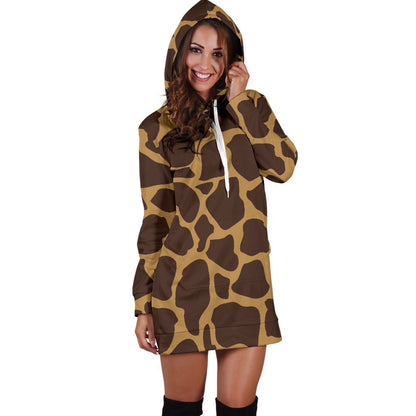 Dark Brown Cow Print Hoodie Dress GearFrost