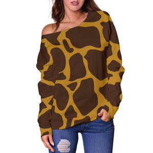 Dark Brown Cow Print Off Shoulder Sweatshirt GearFrost