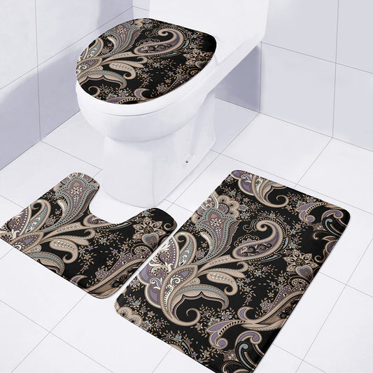 Dark Brown Paisley Pattern Print 3 Piece Bath Mat Set