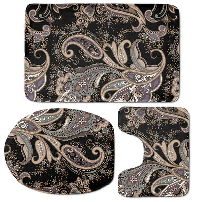 Dark Brown Paisley Pattern Print 3 Piece Bath Mat Set