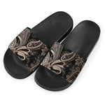 Dark Brown Paisley Pattern Print Black Slide Sandals