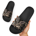 Dark Brown Paisley Pattern Print Black Slide Sandals