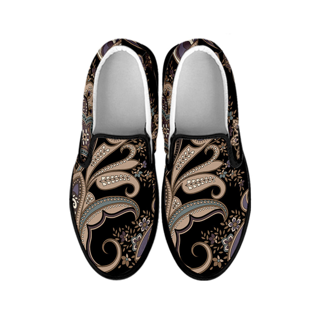 Dark Brown Paisley Pattern Print Black Slip On Shoes
