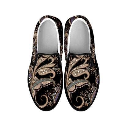 Dark Brown Paisley Pattern Print Black Slip On Shoes