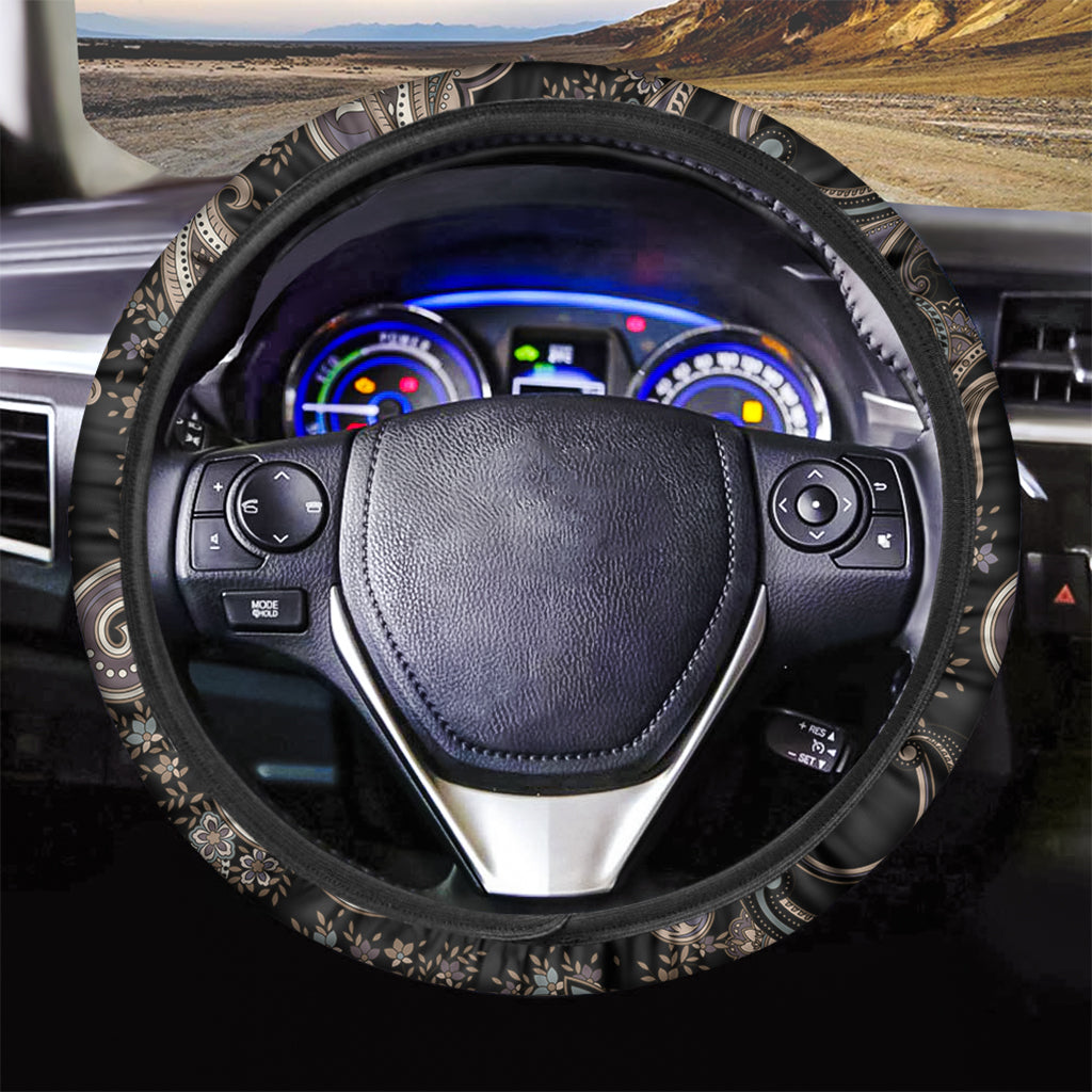 Dark Brown Paisley Pattern Print Car Steering Wheel Cover