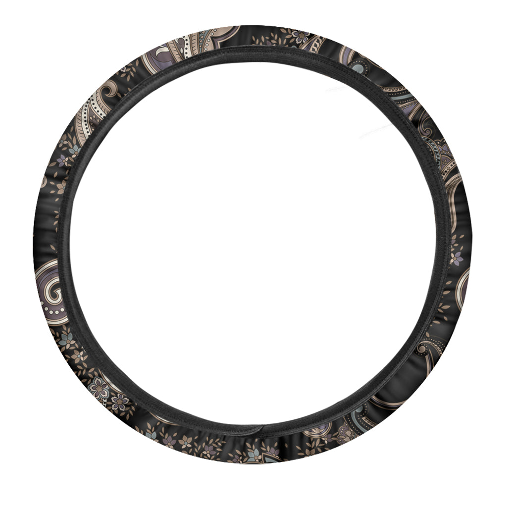 Dark Brown Paisley Pattern Print Car Steering Wheel Cover