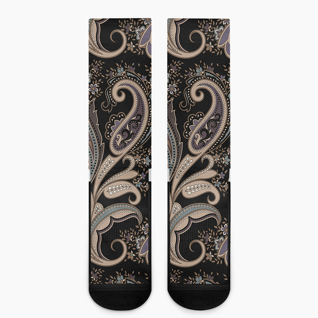 Dark Brown Paisley Pattern Print Crew Socks