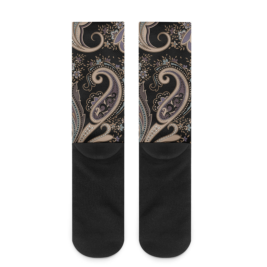 Dark Brown Paisley Pattern Print Crew Socks