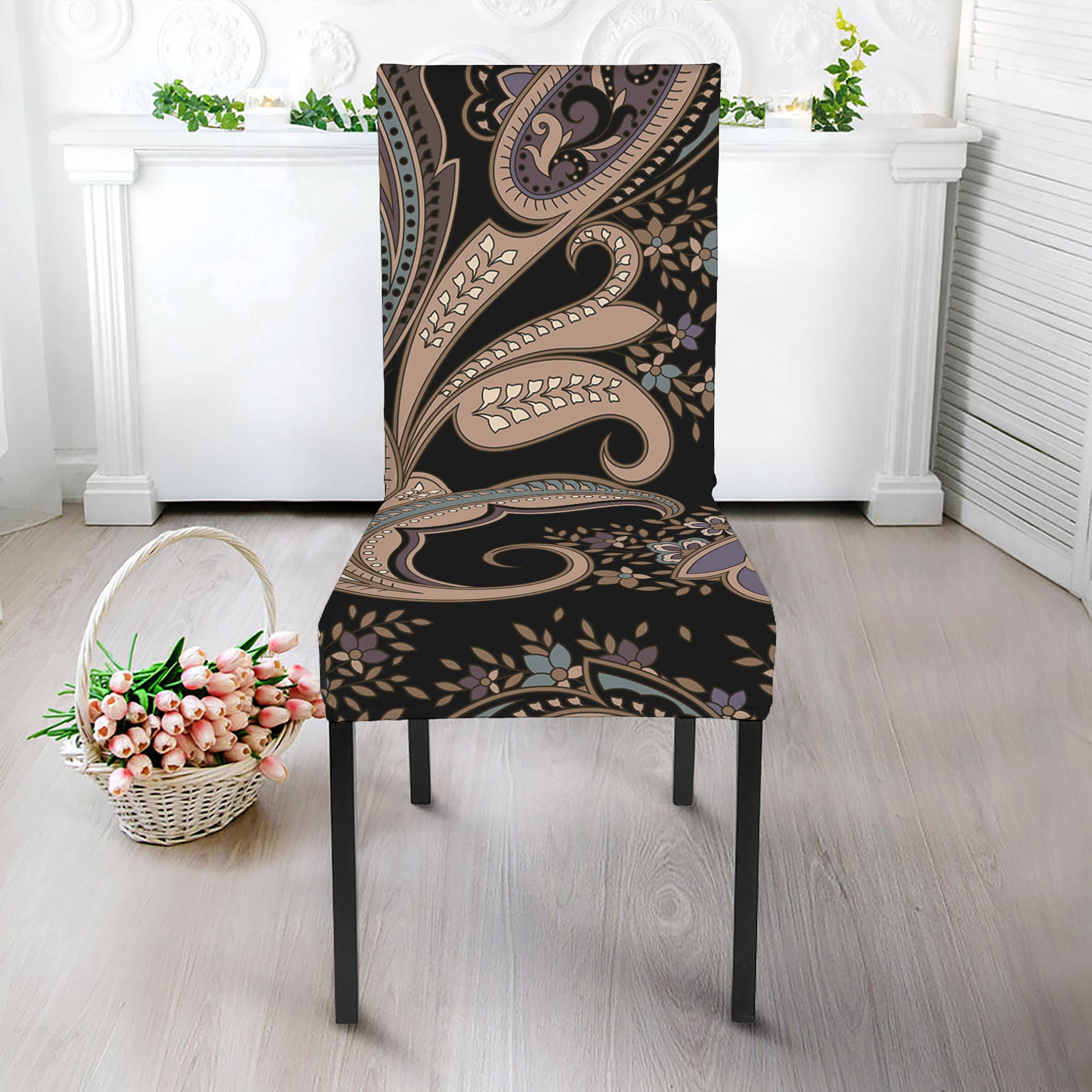 Dark Brown Paisley Pattern Print Dining Chair Slipcover