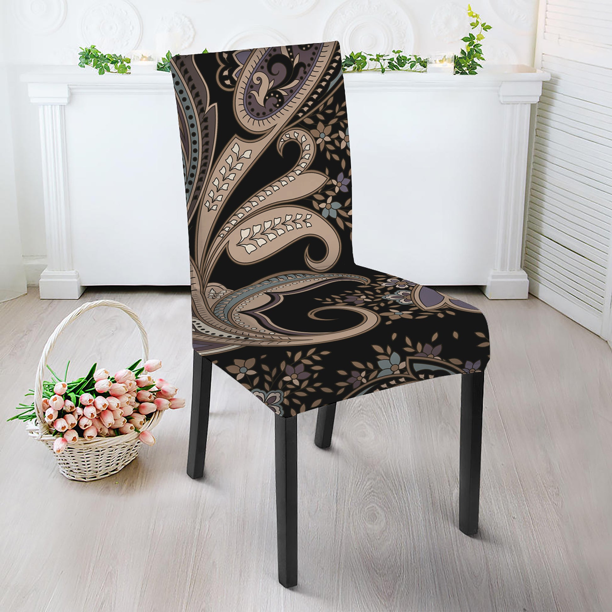 Dark Brown Paisley Pattern Print Dining Chair Slipcover