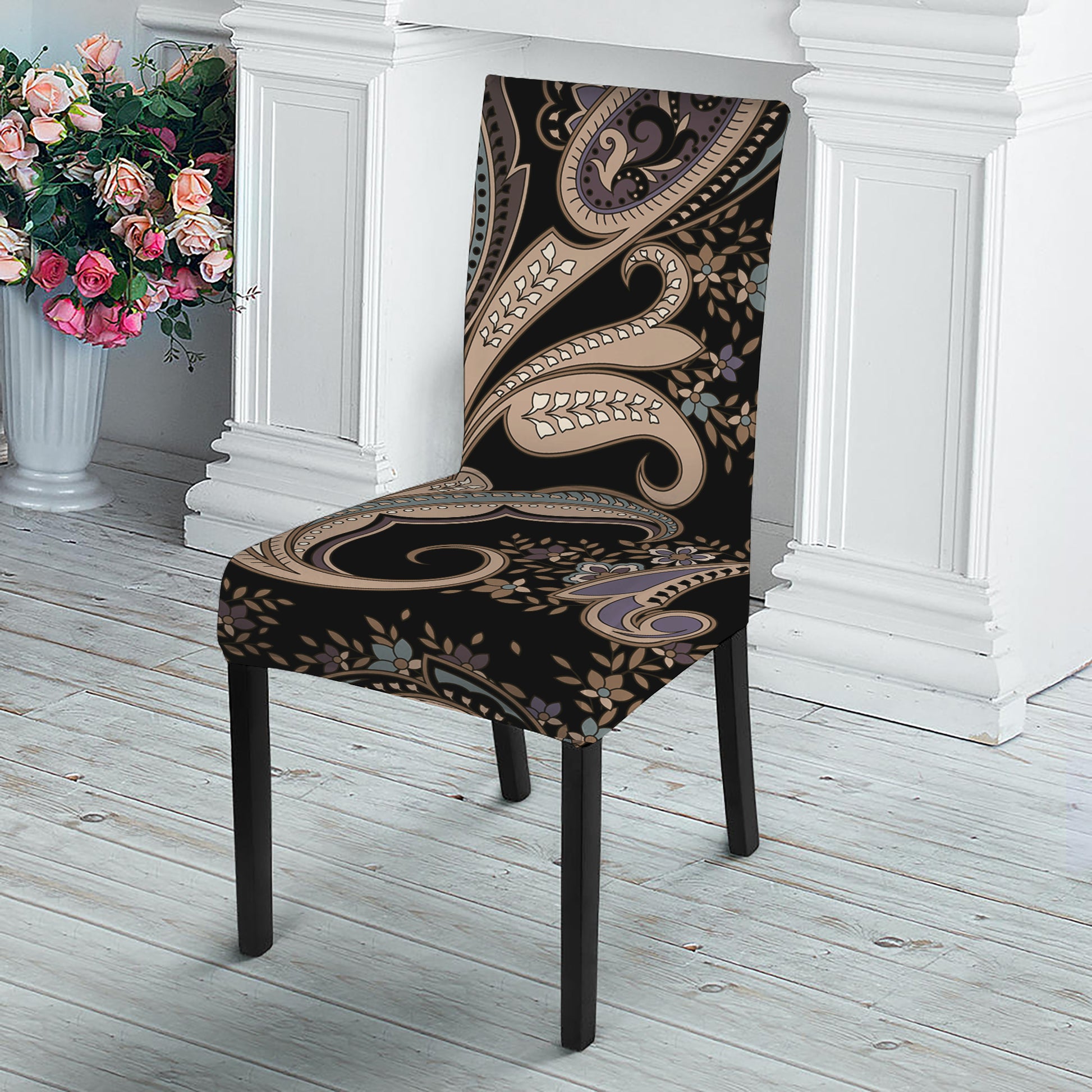 Dark Brown Paisley Pattern Print Dining Chair Slipcover