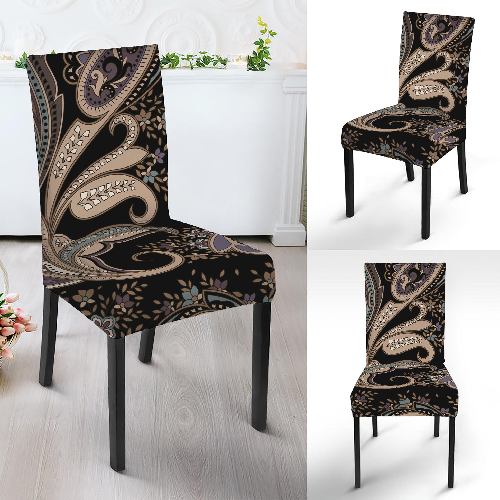 Dark Brown Paisley Pattern Print Dining Chair Slipcover