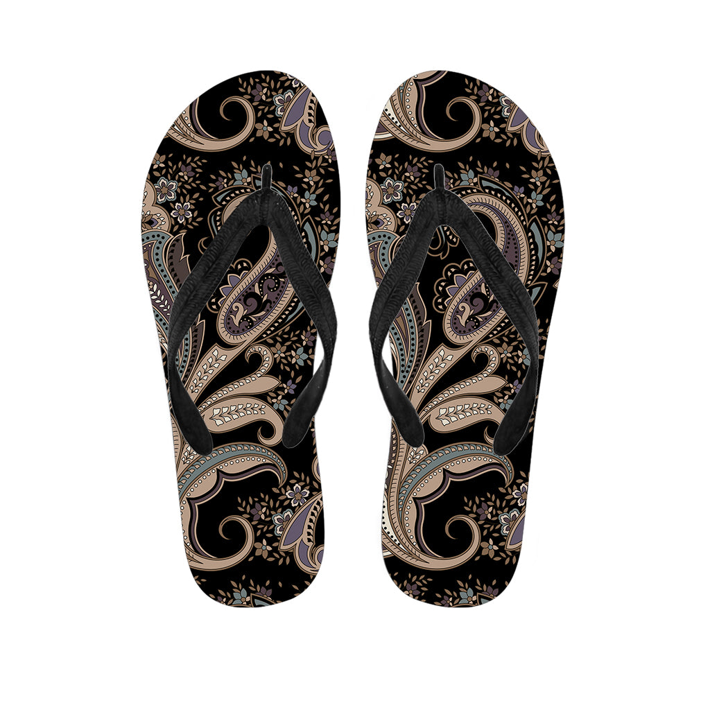 Dark Brown Paisley Pattern Print Flip Flops