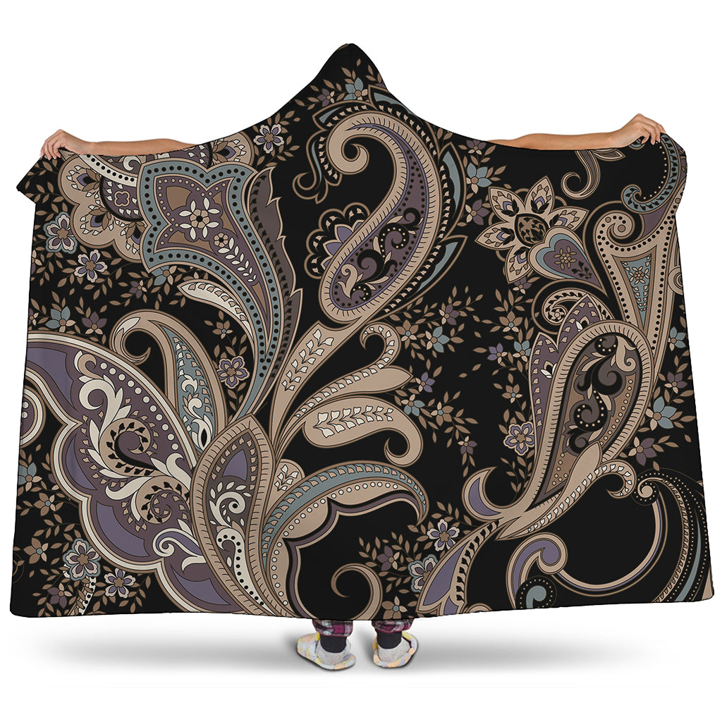Dark Brown Paisley Pattern Print Hooded Blanket