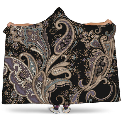 Dark Brown Paisley Pattern Print Hooded Blanket