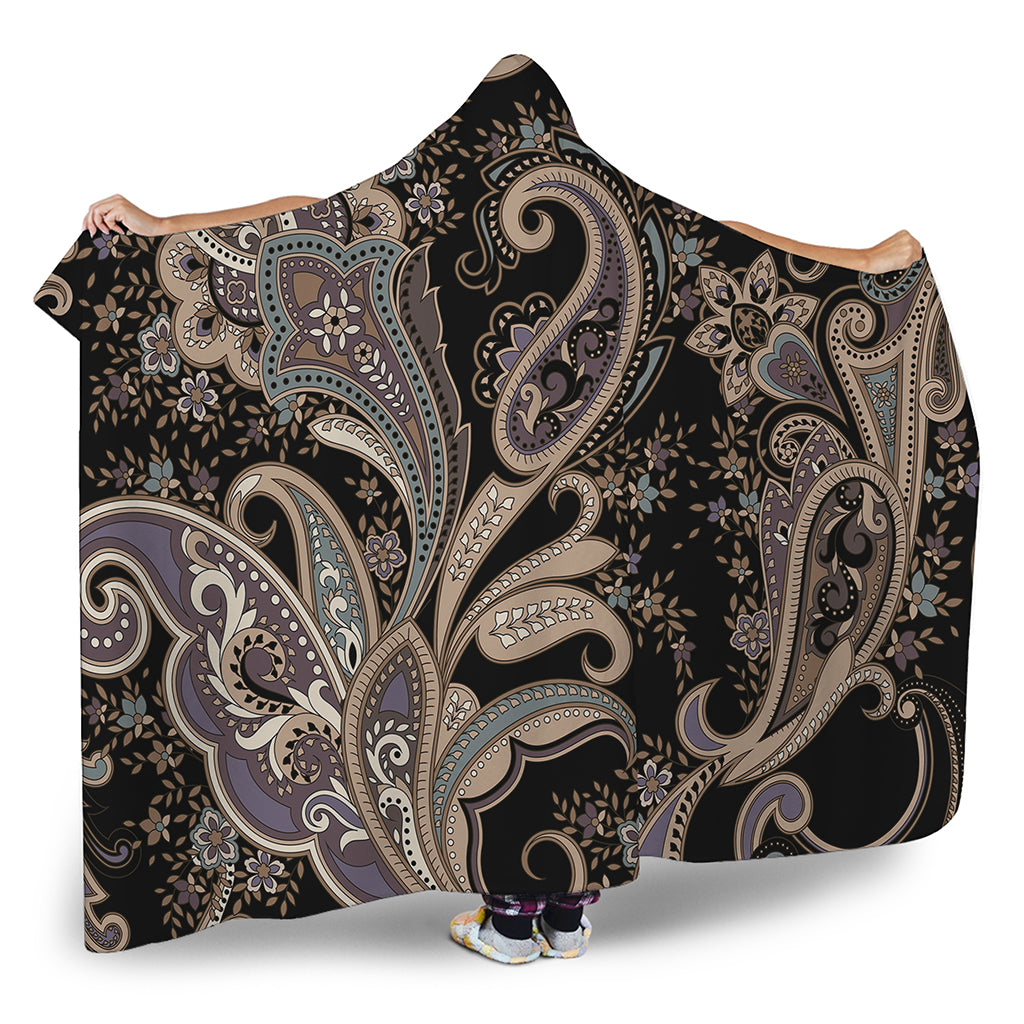 Dark Brown Paisley Pattern Print Hooded Blanket