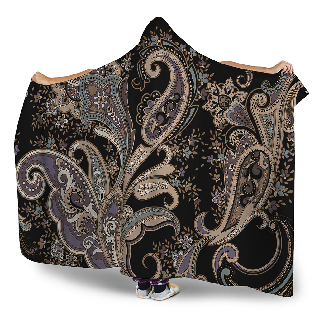 Dark Brown Paisley Pattern Print Hooded Blanket