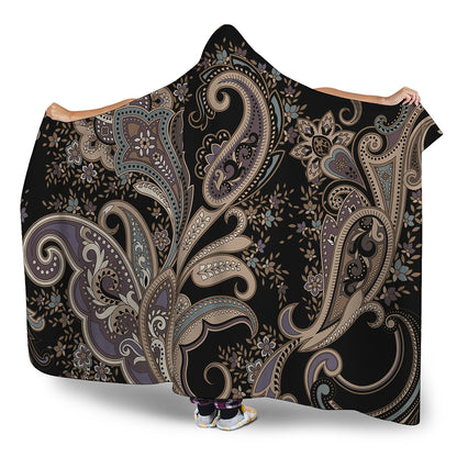Dark Brown Paisley Pattern Print Hooded Blanket