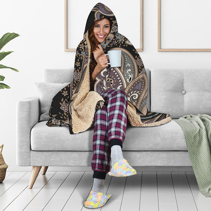 Dark Brown Paisley Pattern Print Hooded Blanket