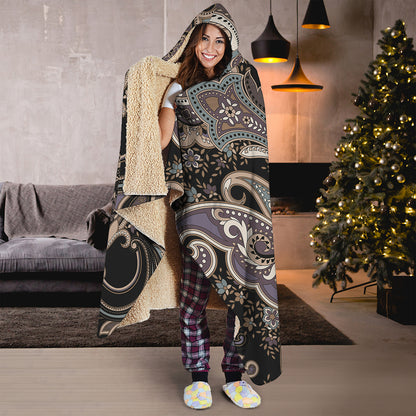 Dark Brown Paisley Pattern Print Hooded Blanket