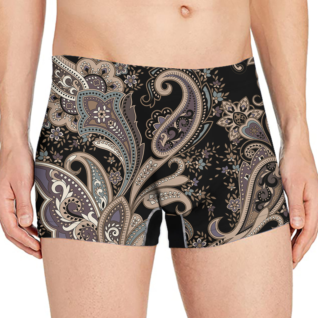 Dark Brown Paisley Pattern Print Men's Boxer Briefs