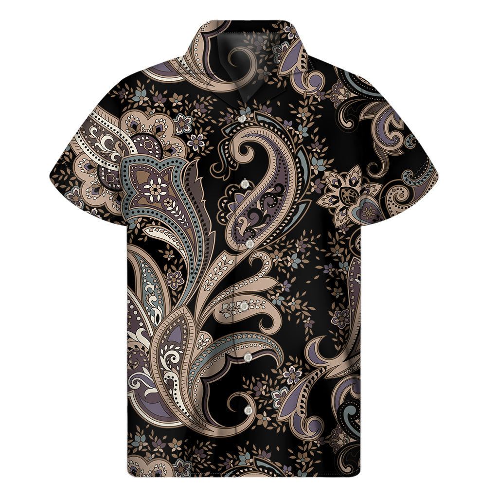 Dark Brown Paisley Pattern Print Men's Short Sleeve Shirt