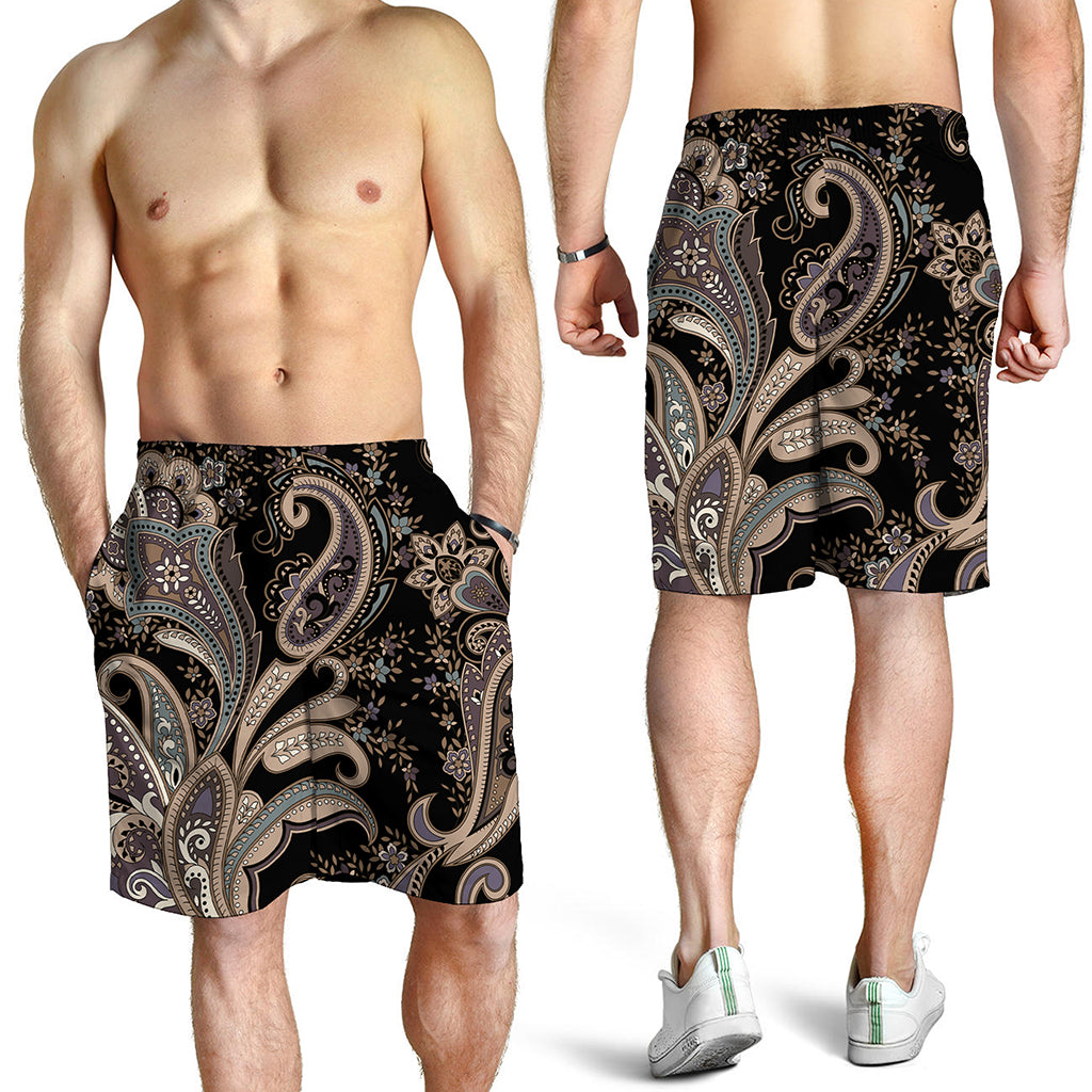 Dark Brown Paisley Pattern Print Men's Shorts
