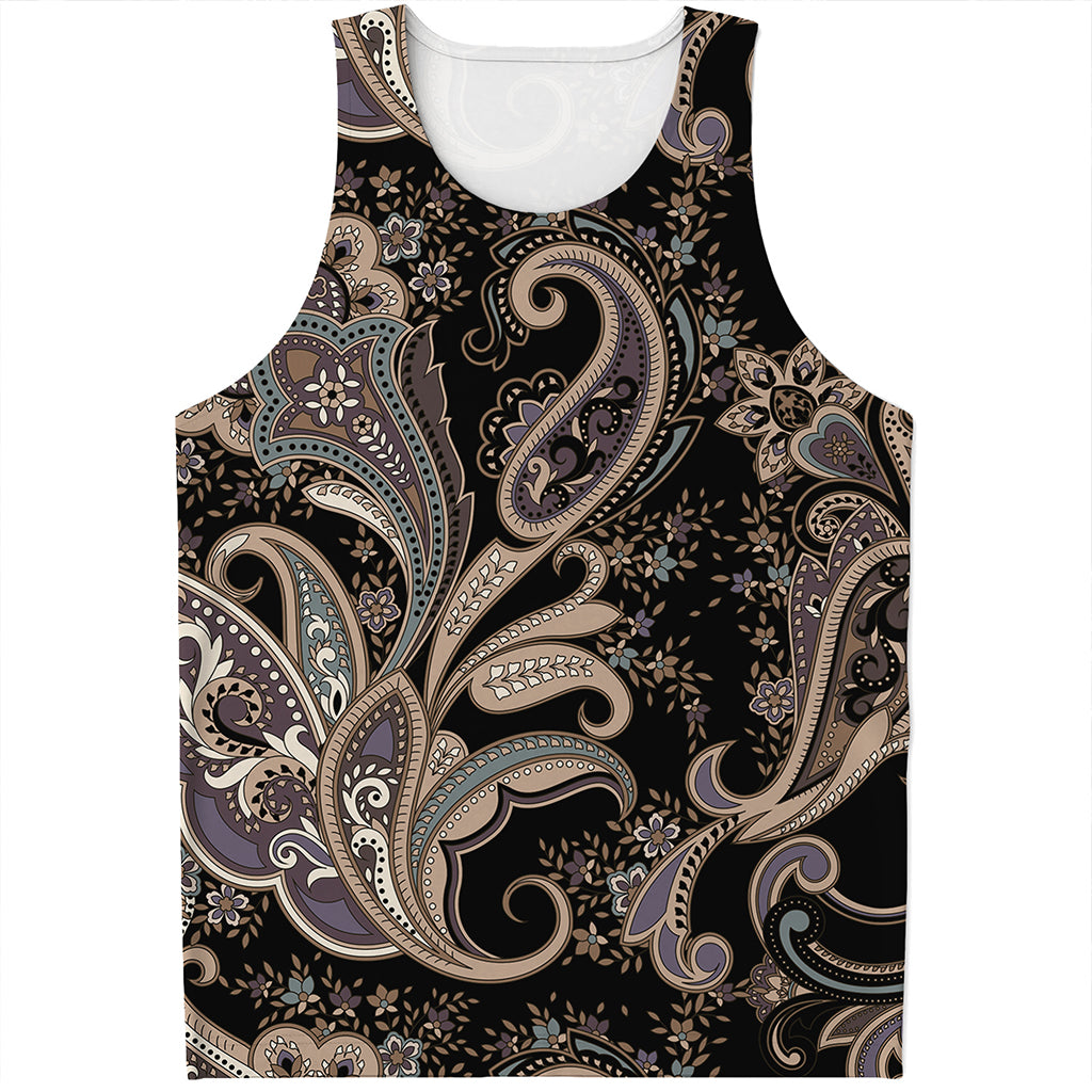 Dark Brown Paisley Pattern Print Men's Tank Top