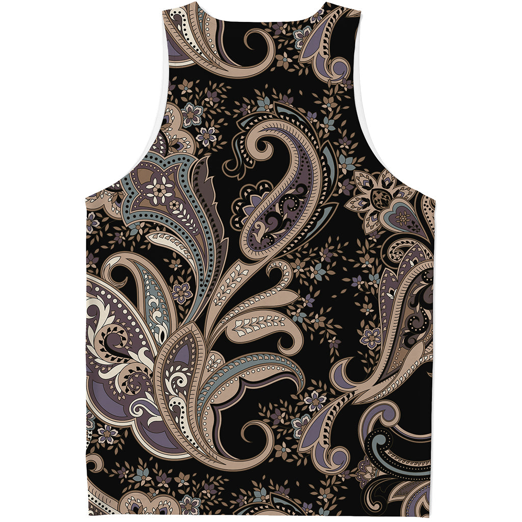 Dark Brown Paisley Pattern Print Men's Tank Top