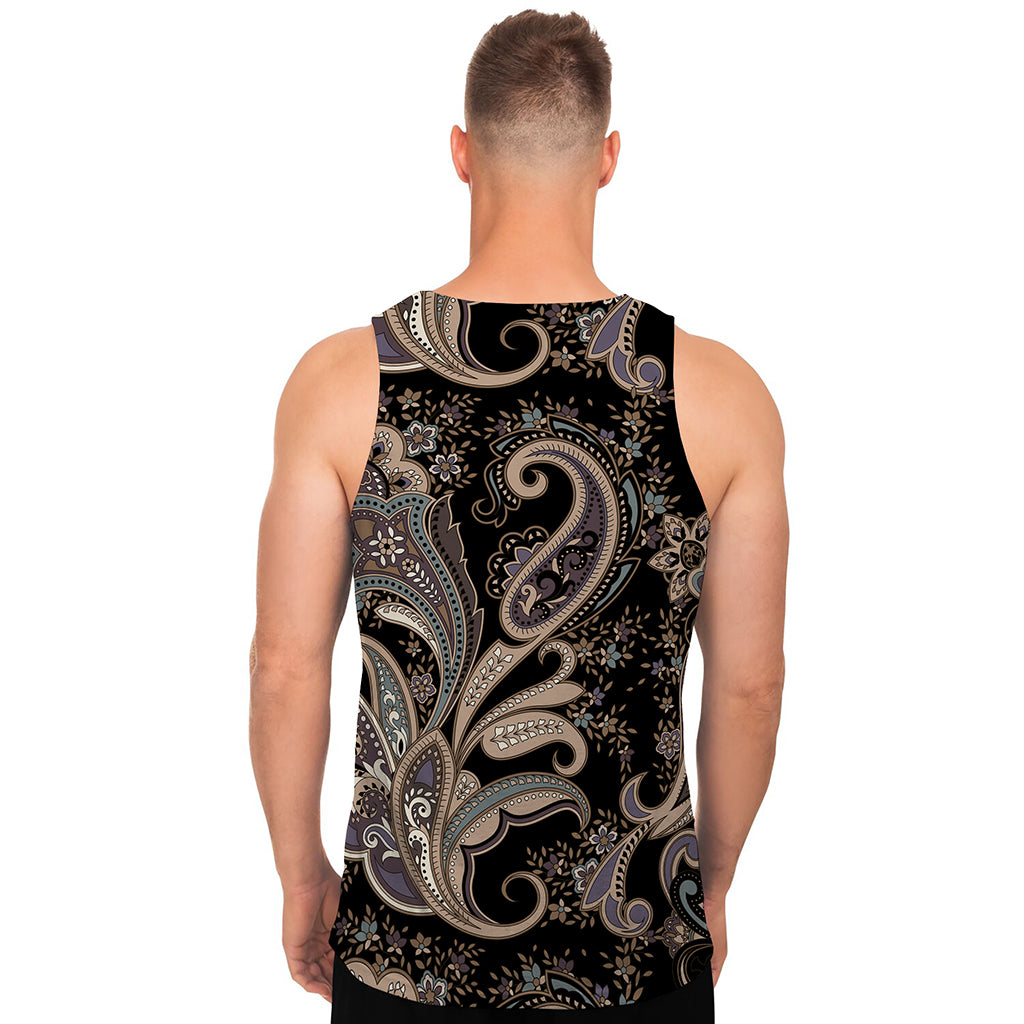 Dark Brown Paisley Pattern Print Men's Tank Top