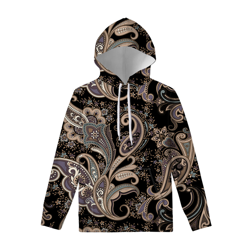 Dark Brown Paisley Pattern Print Pullover Hoodie