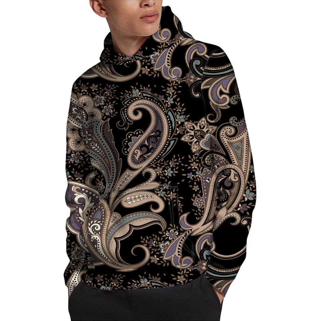 Dark Brown Paisley Pattern Print Pullover Hoodie