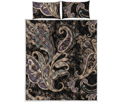 Dark Brown Paisley Pattern Print Quilt Bed Set