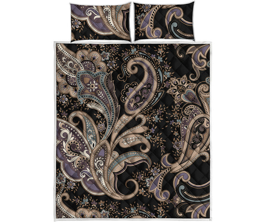 Dark Brown Paisley Pattern Print Quilt Bed Set