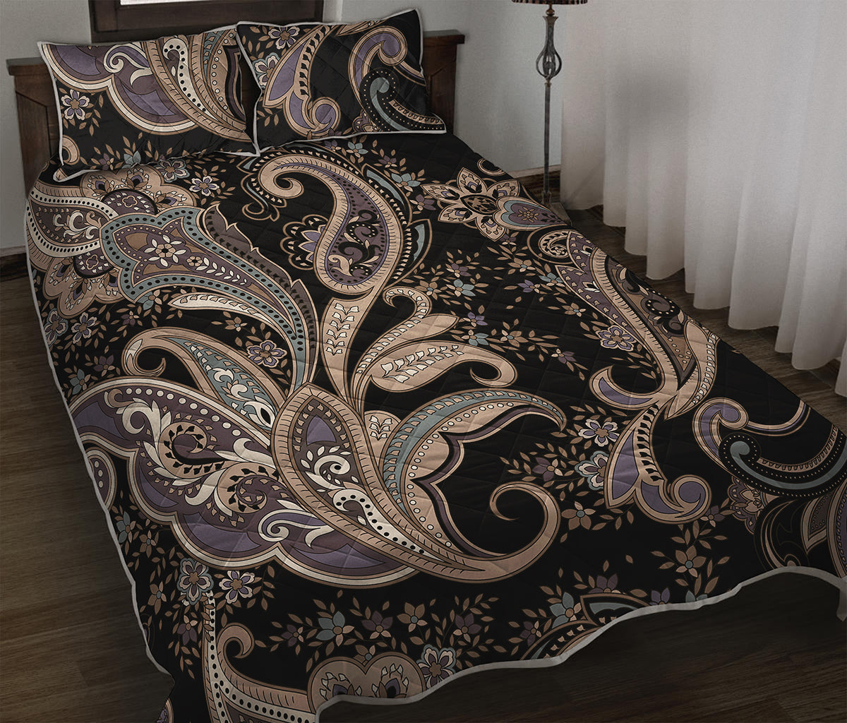 Dark Brown Paisley Pattern Print Quilt Bed Set